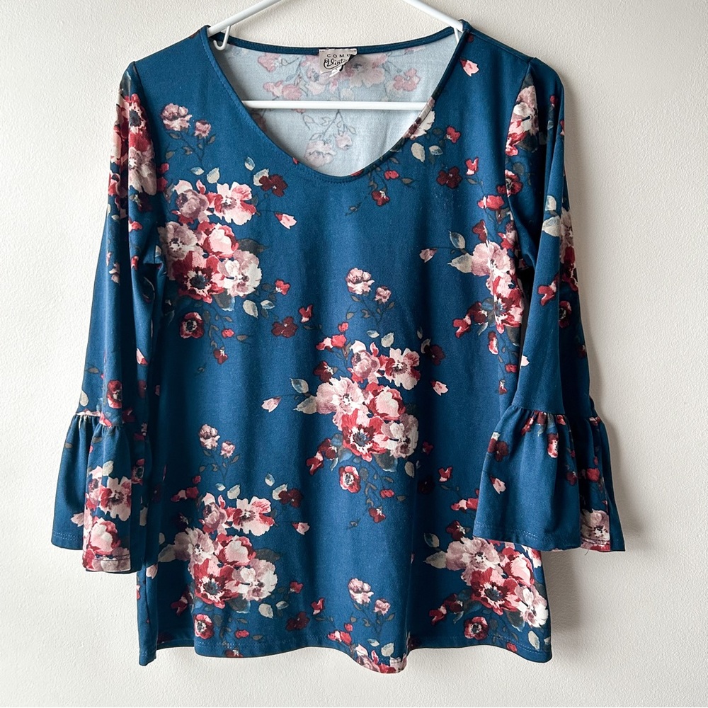 5 FOR $25 | COMO VINTAGE Floral Shirt Top 3/4 Bell Sleeve Navy Pink Maroon S